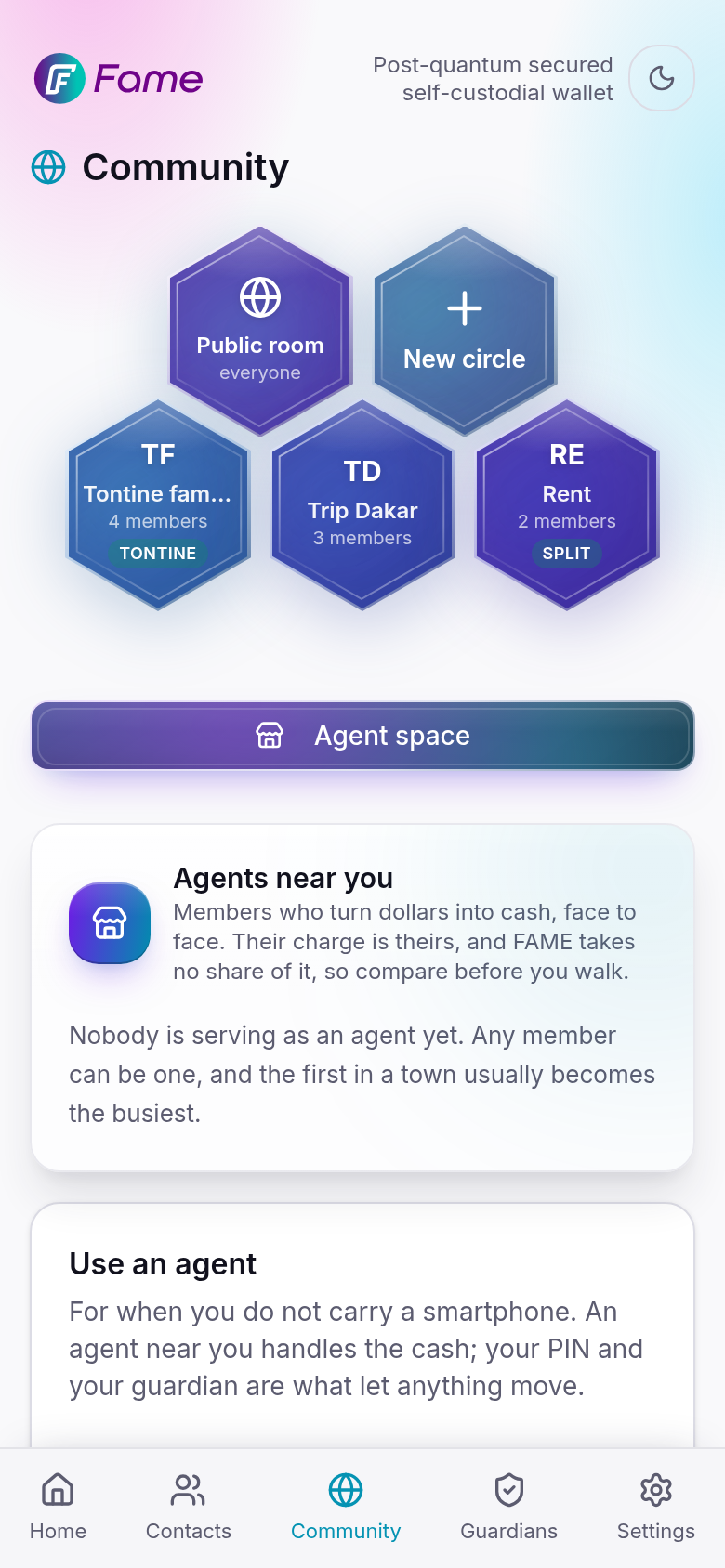 The Community screen: circles as hexagons, the agent space